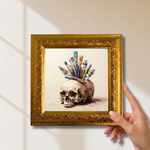 Painter Skull Original Oil Painting, Mini Framed Canvas Artwork