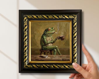 Smoking Frog Original Oil Painting, Mini Framed Canvas Artwork Wall Art