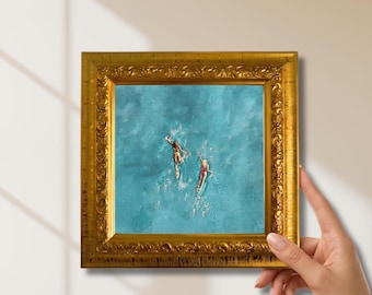 Swimming Figures Small Oil Painting, Canvas Mini Framed Artwork, Beach Wall Decor