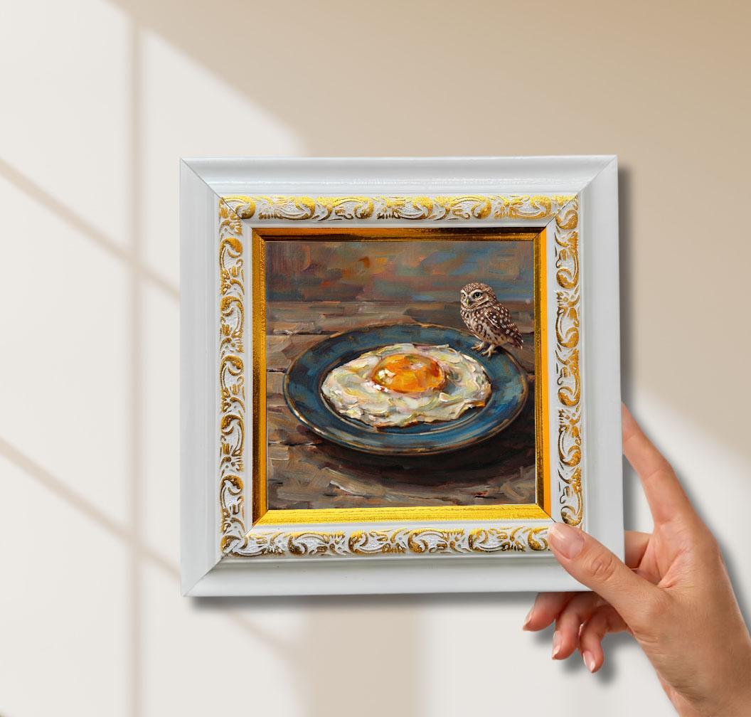 Owl & Fried Egg Original Oil Painting, Mini Framed Canvas Artwork