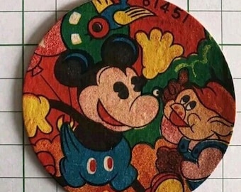Pre-WWII Mickey Mouse Menko Card, Rare Japanese Vintage Toy, Antique Disneyana Paper Memorabilia, Retro Collectible Card Game