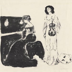 May include: A black and white lithograph print depicting a person in a dark dress seated at a piano, while another person in a light-colored, long-sleeved gown stands nearby holding a violin. The artwork features high-contrast ink strokes.