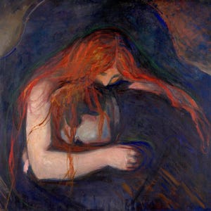 Könnte beinhalten: Ein Ölgemälde, das eine Figur mit langem, fließendem rotem Haar zeigt, die sich nach vorne beugt und den Kopf gesenkt hält. Die Figur ist in tiefen Blau- und Dunkellila-Tönen gehalten, wobei das leuchtend rote Haar einen Kontrast bildet.