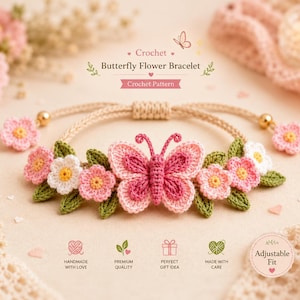 Virkat fjärilsarmband rosa blommig berlock, justerbart snörearmband, bohemiska smycken, vänskapsarmband för flickor