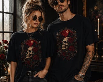 Gothic Skull Rose Shirt, Dark Romantic Tee, Vintage Macabre Graphic