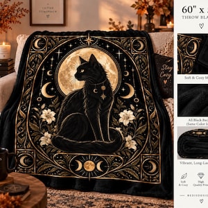 Black Cat Throw Blanket, Celestial Gothic Blanket, Witchy Home Decor, 40 x 30 image 4