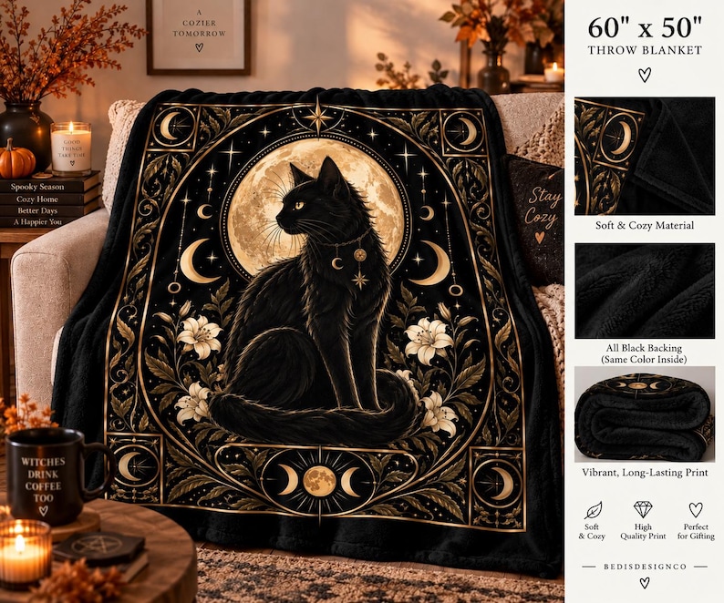 Black Cat Throw Blanket, Celestial Gothic Blanket, Witchy Home Decor, 40 x 30 image 4