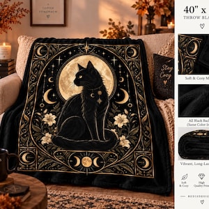 Black Cat Throw Blanket, Celestial Gothic Blanket, Witchy Home Decor, 40 x 30 image 3