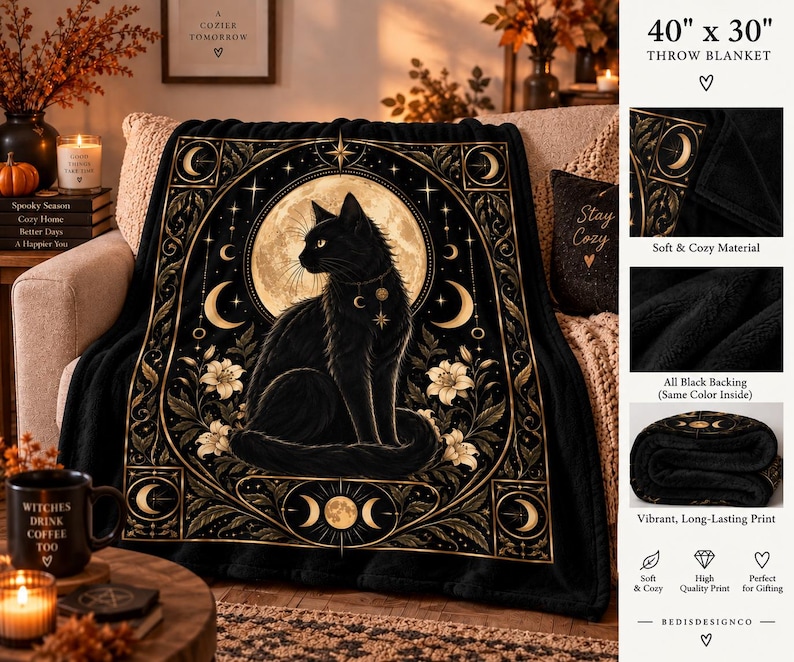 Black Cat Throw Blanket, Celestial Gothic Blanket, Witchy Home Decor, 40 x 30 image 3