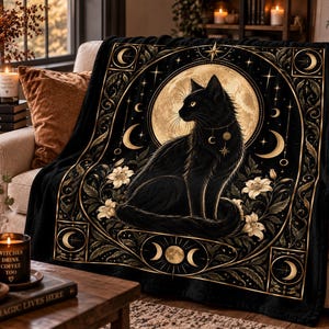 Black Cat Throw Blanket, Celestial Gothic Blanket, Witchy Home Decor, 40 x 30 image 1