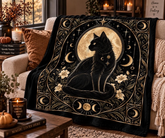 Black Cat Throw Blanket, Celestial Gothic Blanket, Witchy Home Decor, 40 x 30