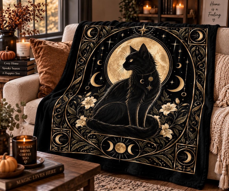 Black Cat Throw Blanket, Celestial Gothic Blanket, Witchy Home Decor, 40 x 30 image 1