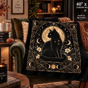 Black Cat Throw Blanket, Celestial Gothic Blanket, Witchy Home Decor, 40 x 30 image 2