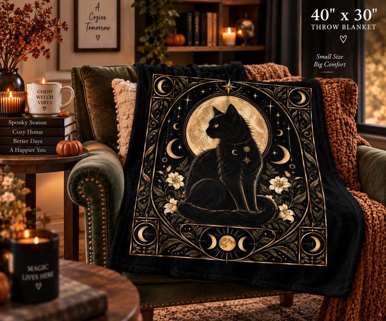 Black Cat Throw Blanket, Celestial Gothic Blanket, Witchy Home Decor, 40 x 30 image 2