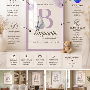 May include: A customizable digital nursery wall art print in a light purple frame featuring a large letter B, a watercolor bear illustration, and the name Benjamin with birth details including 15 December 2025, 09:40 PM, 3,400 G, and 52 CM.