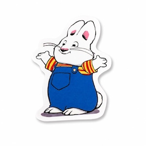 Könnte beinhalten: Ein gestanzter Aufkleber mit einem weißen Cartoon-Hasen mit rosa gefütterten Ohren, der eine blaue Latzhose über einem gelb-rot gestreiften Shirt trägt. Der Hase hat die Arme ausgebreitet, eine kleine rosa Nase und schwarze Schnurrhaare.