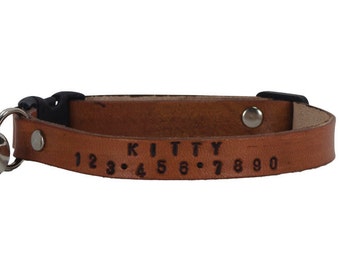 Cat Tag Collar, Breakaway Cat Collar, Leather Cat Collar, Custom Cat Collar, Pet ID Tag, Cat Nametag, Phone Number, 3/8 Inch Wide Cat Collar