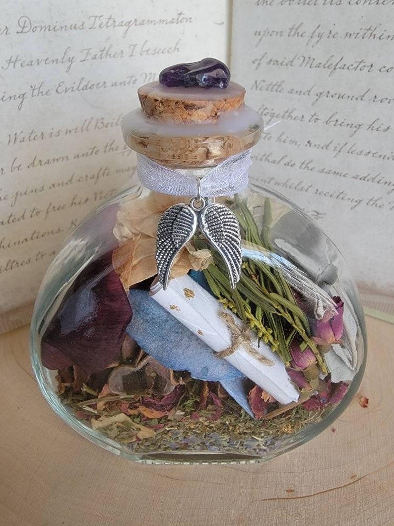 Crossing Over Spell Witch Bottle Spirit Spells Memorial Remembering Lost Loved Ones Passing On Rest in Peace Grave Decoration image 5