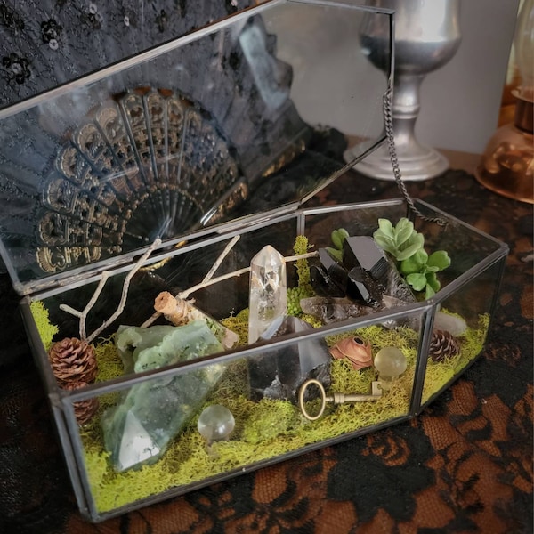 Coffin Crystal Garden - Crystal Terrarium - Casket Box Terrarium - Glass Crystal Display - Witch - Witchcraft - Cottagecore - Spooky Decor