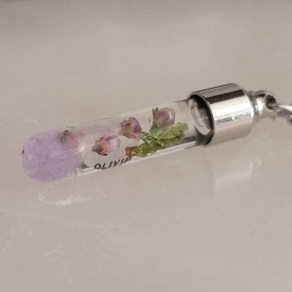 Personalized Rice Name Necklace – Amethyst Crystal Vial, 90s Nostalgia