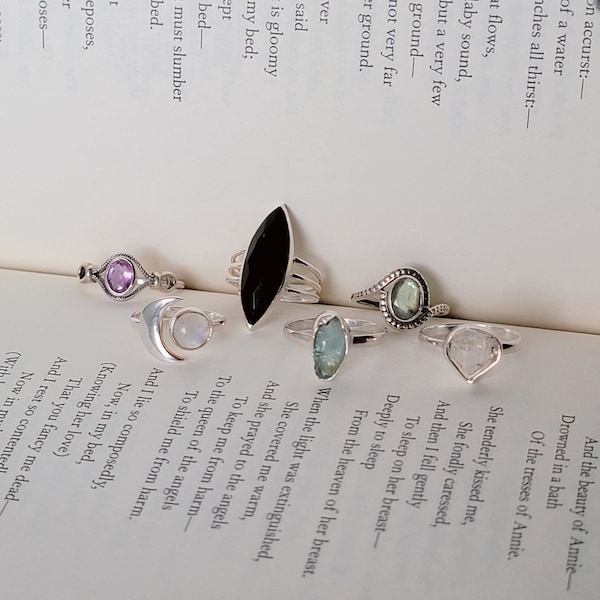 Crystal Rings - Sterling Silver - Amethyst Ring - Onyx Ring - Moonstone Ring - Aquamarine Ring - Labradorite Ring - Herkimer Diamond Ring