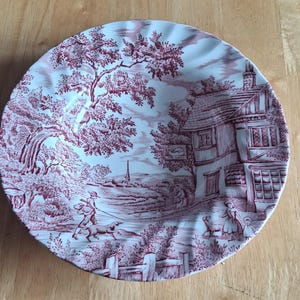 Ciotola/Piatto vintage Myott "The Hunter" in ceramica con decorazione a trasferimento rosa - Prodotto in Inghilterra (1982)