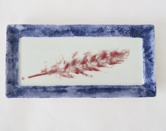 Bowl/pocket tray/jewelry holder/feather/hand painted/red/blue/porcelain/home decoration/original