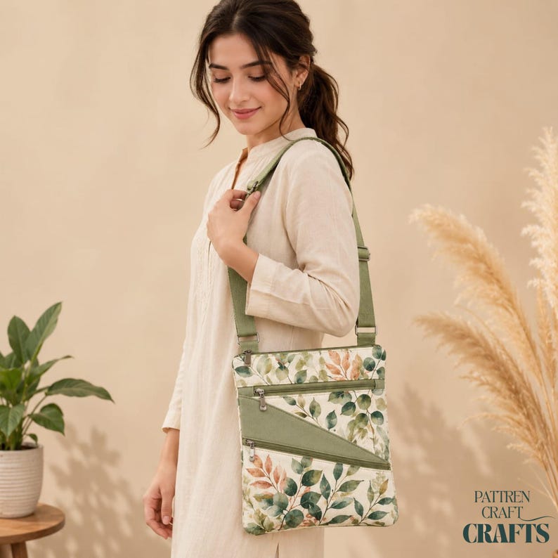 May include: A crossbody bag featuring a botanical print of green and brown leaves on a cream background. The bag has a rectangular shape, a long adjustable shoulder strap, and two front zippered pockets with solid olive green fabric accents.