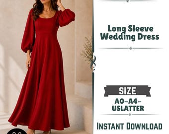 Long Sleeve Wedding Dress Sewing Pattern: Square Neck Puff Sleeve Gown (PDF Download)