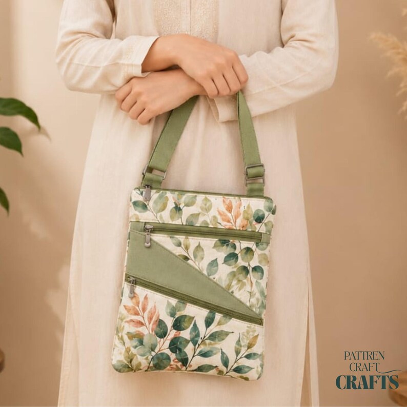 May include: A rectangular crossbody bag featuring a botanical print of green and orange leaves on a cream background. The bag includes a solid sage green triangular front pocket, two zippered compartments, and an adjustable sage green shoulder strap.
