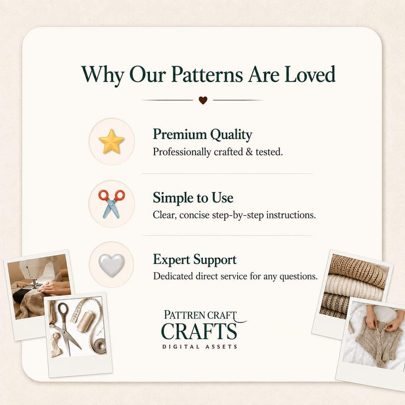May include: An informational graphic titled Why Our Patterns Are Loved, featuring icons of a yellow star, red scissors, and a grey heart. It lists Premium Quality, Simple to Use, and Expert Support with text descriptions and two small photos of sewing.