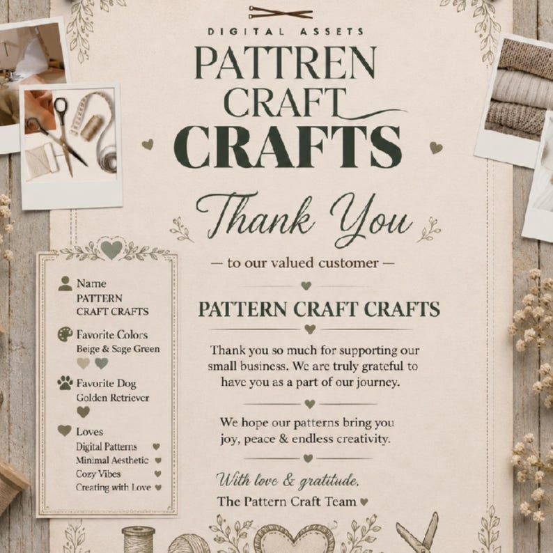 May include: A thank you card for Pattern Craft Crafts featuring dark green text on a beige background. The card includes a section for customer details, a message of gratitude, and decorative illustrations of scissors, yarn, and hearts.