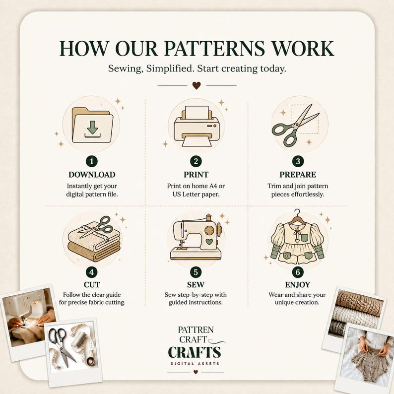 May include: An instructional graphic titled HOW OUR PATTERNS WORK with six steps: 1. Download file, 2. Print on A4 or US Letter paper, 3. Prepare pieces, 4. Cut fabric, 5. Sew with a machine, 6. Enjoy the garment. Includes two small photos of sewing.