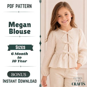 Megan Blouse PDF Pattern: Girls Bow Front Peplum Top Sewing (6M-10Y) (Digital Download)