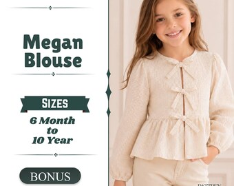 Megan Blouse PDF Pattern: Girls Bow Front Peplum Top Sewing (6M-10Y) (Digital Download)