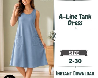 A-Line Tank Dress Sewing Pattern PDF: Sleeveless Pocket Dress, Sizes 2–30, Instant Download + Bonus Apron Pattern