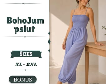 Boho Jumpsuit Sewing Pattern PDF: Women's Shirred Strap Harem Pantsuit, Instant Download XL-2XL
