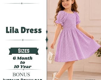 Lila Dress PDF Sewing Pattern: Girls Puff Sleeve Sizes 6M-10Y (Instant Download)