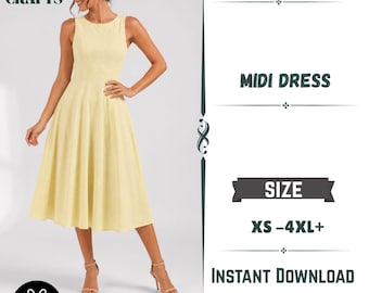 Midi Dress Sewing Pattern PDF: Sleeveless Fit and Flare Dress XS–4XL+ | Instant Download + Free Apron Pattern