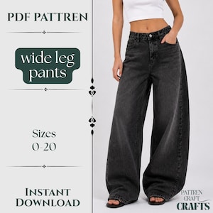 Puede incluir: Un patrón PDF para pantalones de pierna ancha en tallas 0-20. La imagen muestra pantalones de mezclilla gris carbón oscuro de pierna ancha con cintura alta, cierre de botón y bolsillos. El texto a la izquierda dice PDF PATTREN, wide leg pants, Sizes 0-20, INSTANT DOWNLOAD.