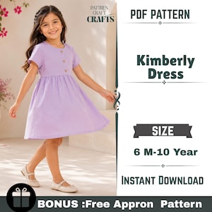 Może przedstawiać: Jasnofioletowa sukienka z krótkim rękawem, okrągłym dekoltem i trzema guzikami na gorsecie. Tekst brzmi: PDF PATTERN, Kimberly Dress, SIZE 6 M-10 Year, INSTANT DOWNLOAD, BONUS: Free Appron Pattern, PATTREN CRAFT CRAFTS.