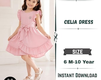 Girls Celia Dress PDF Sewing Pattern: Sizes 6 Months–10 Years, Instant Download with Free Apron Pattern