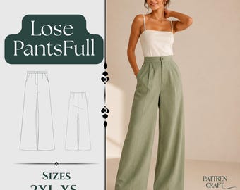 Wide Leg Pants Sewing Pattern | High Waisted Trousers PDF (Sizes 2XL-XS)