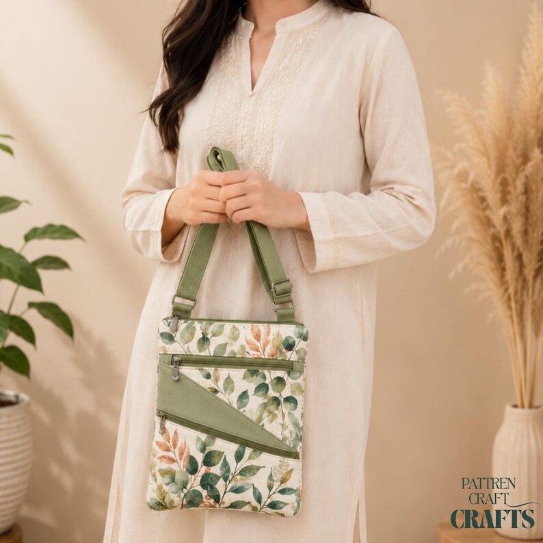 May include: A crossbody bag featuring a botanical print of green and orange leaves on a cream background. The bag has an adjustable olive green strap, a matching olive green triangular front pocket, and two silver-toned zipper closures.