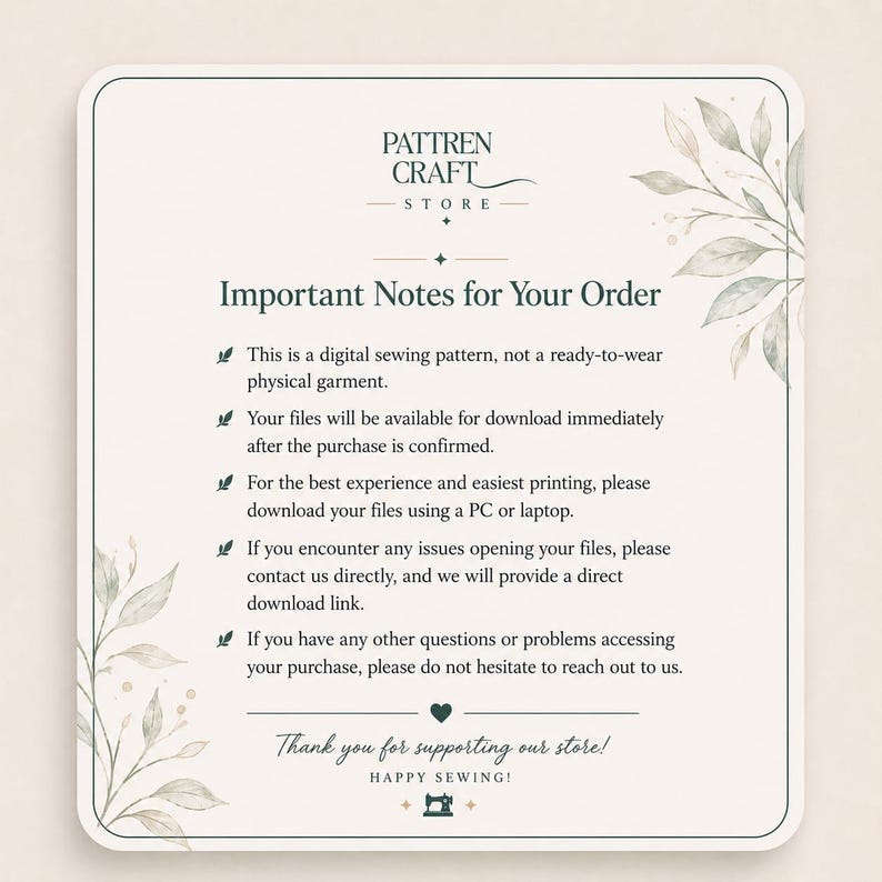 May include: A square digital information card with rounded corners featuring the text PATTREN CRAFT STORE and Important Notes for Your Order. The design includes watercolor-style leaf illustrations in the corners and a small sewing machine icon.