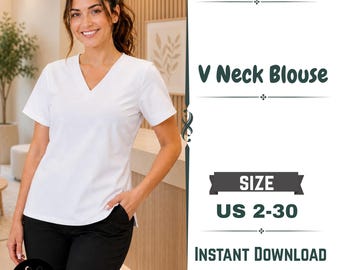 V Neck Blouse Sewing Pattern PDF: Women's Scrub Top Pattern, Easy Digital Download, Sizes US 2-30, Beginner Friendly