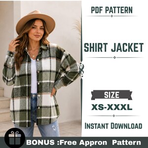 Women’s Shirt Jacket PDF Sewing Pattern: Oversized Shacket XS–XXXL, Instant Download with Free Apron Pattern