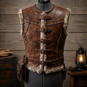 Gilet en cuir véritable marron pour homme, style médiéval viking steampunk, avec bordure en peau lainée et ceinture à boucle. Cadeau fait main pour lui.