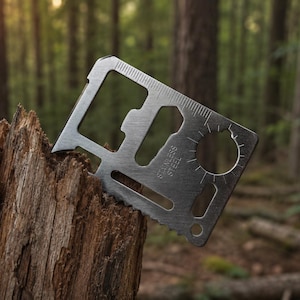 May include: A rectangular stainless steel multi-tool card featuring various cutouts, including a bottle opener, a wrench, a ruler along the edge, and a circular hole. The metal surface is engraved with the text STAINLESS STEEL in the centre.