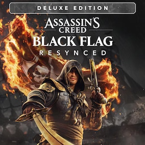 May include: A digital cover art for Assassin's Creed Black Flag Resynced Deluxe Edition featuring a hooded figure holding a flintlock pistol and a curved sword. A burning pirate flag with a skull emblem is in the background with orange flames.